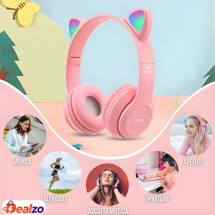Wireless Cat Ear Headphones Bluetooth 5.0 Pink for Kids and Teens