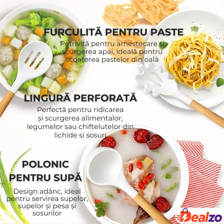 Set Ustensile de Bucătărie 19 Piese cu Silicon și Bambus — Eleganță și Funcționalitate! 🍽️✨