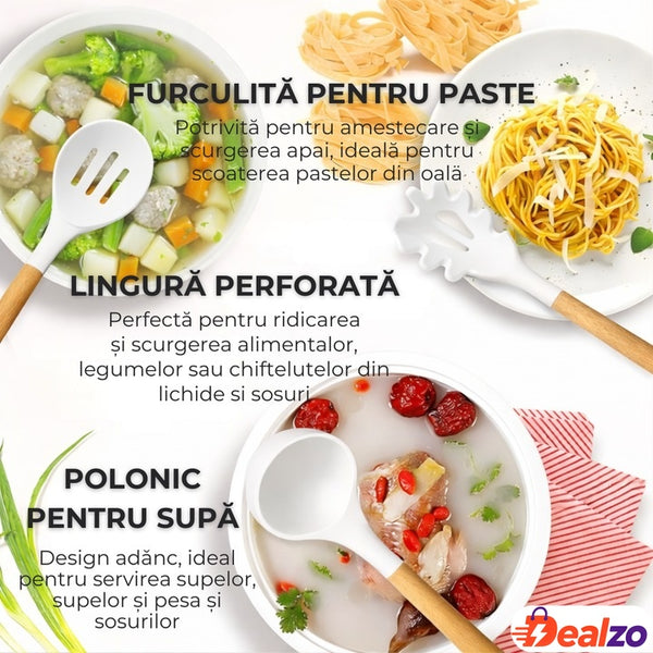 Set Ustensile de Bucătărie 19 Piese cu Silicon și Bambus — Eleganță și Funcționalitate! 🍽️✨