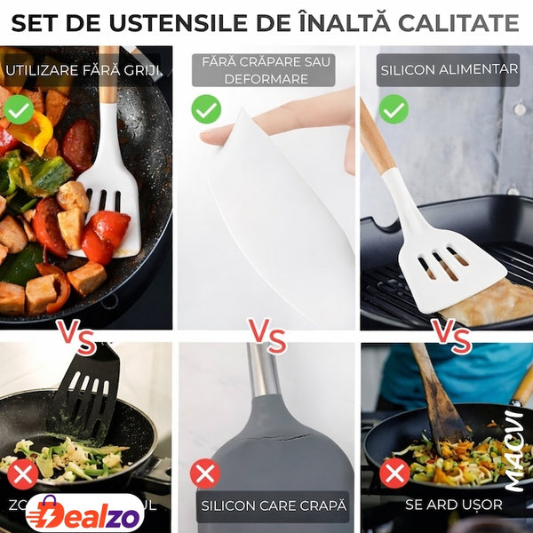 Set Ustensile de Bucătărie 19 Piese cu Silicon și Bambus — Eleganță și Funcționalitate! 🍽️✨