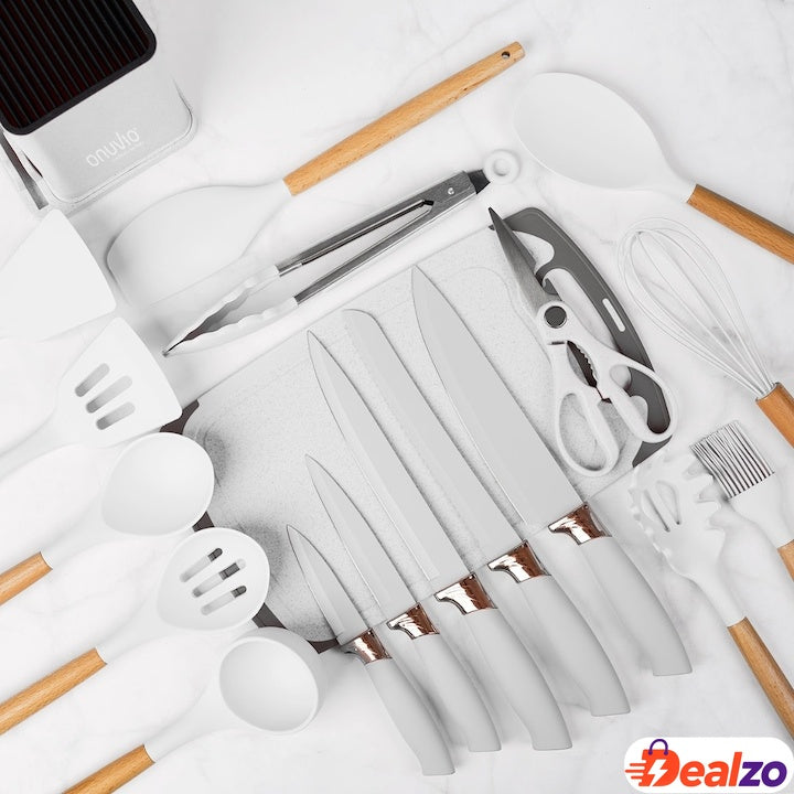 Set Ustensile de Bucătărie 19 Piese cu Silicon și Bambus — Eleganță și Funcționalitate! 🍽️✨