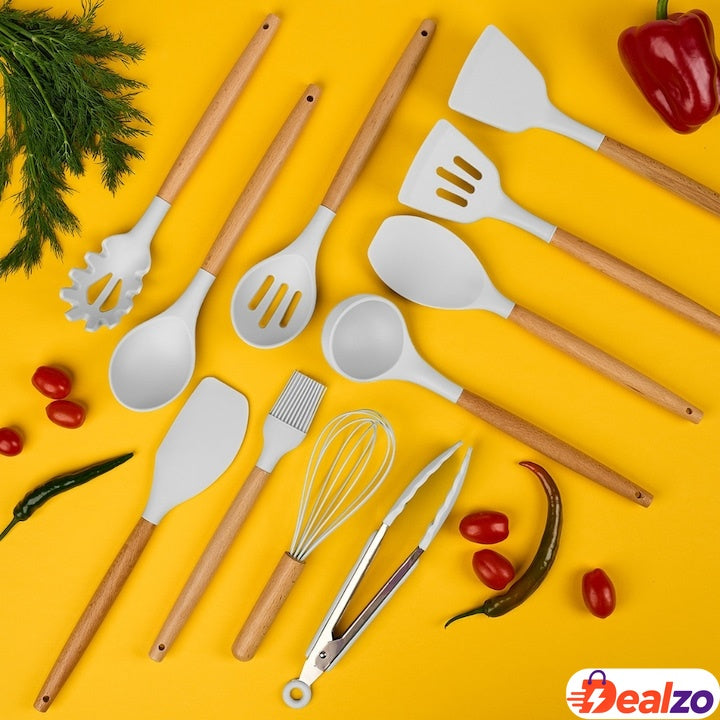 Set Ustensile de Bucătărie 19 Piese cu Silicon și Bambus — Eleganță și Funcționalitate! 🍽️✨