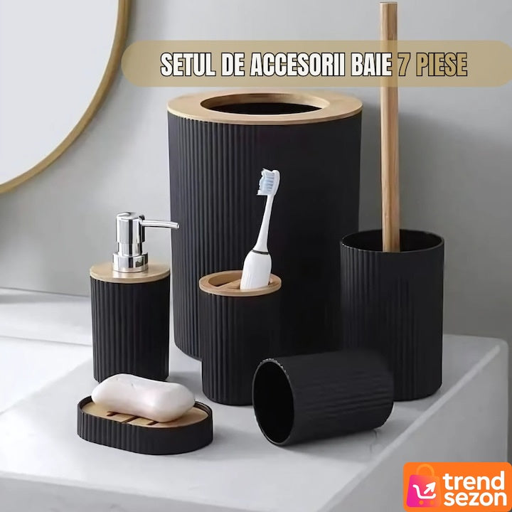 Set Baie 6 Piese Negru Mat cu Accente de Lemn — Eleganță și Organizare ✨🛁 Secondary image