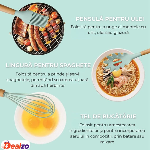 Set Ustensile de Bucătărie din Silicon 19 Piese — Organizare Elegantă 🍽️✨