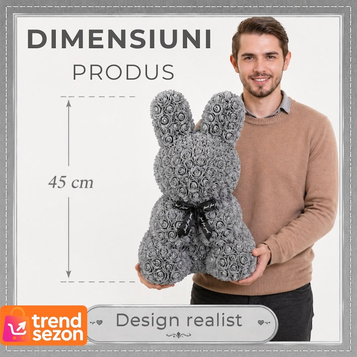 Iepuraș Decorativ din Trandafiri din Spumă Gri 45 cm — Cadou Elegant cu Fundiță 🎁🌹 Secondary image