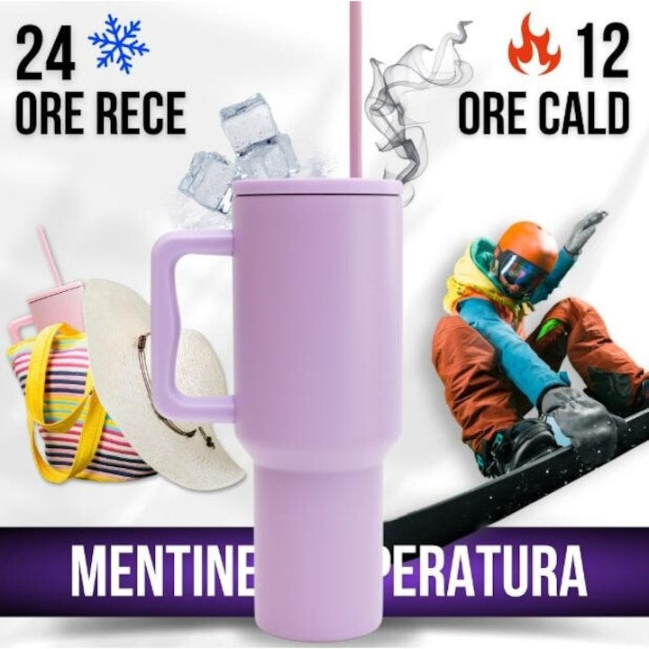 Cana Termo Inox Color Violet cu Pai și Capac Etanș — Păstrează-ți Băuturile Perfecte! 💜🥤 Secondary image