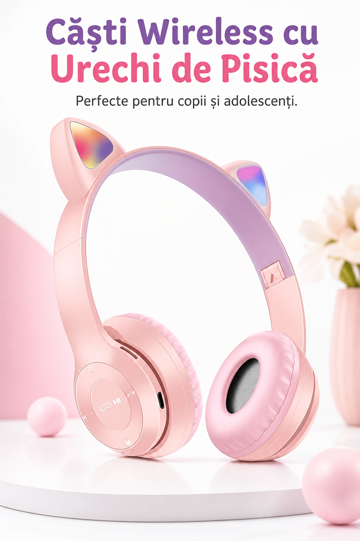 Căști wireless cu urechi de pisică, Bluetooth 5.0, roz, pentru copii și adolescenți Imagine secundară a produsului