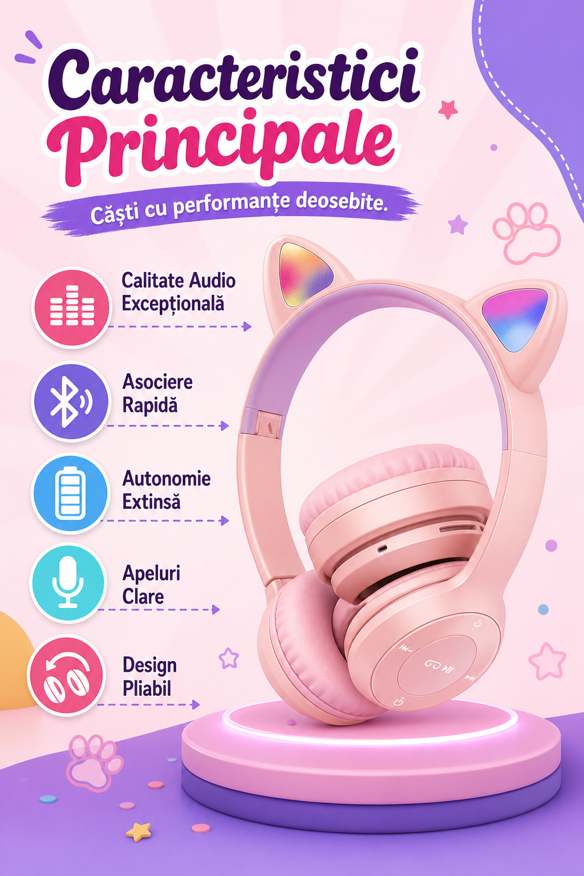 Wireless Cat Ear Headphones Bluetooth 5.0 Pink for Kids and Teens
