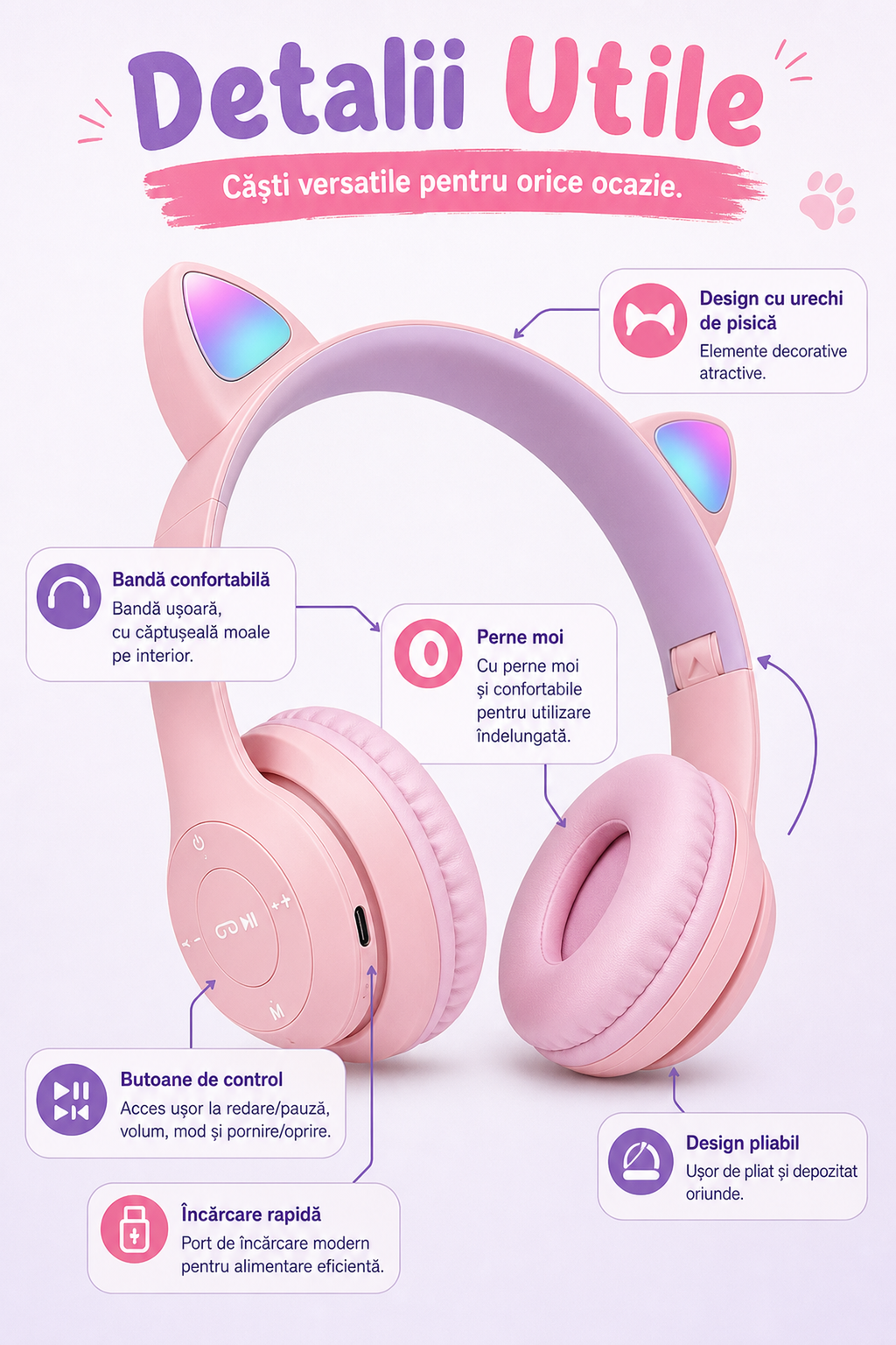 Wireless Cat Ear Headphones Bluetooth 5.0 Pink for Kids and Teens