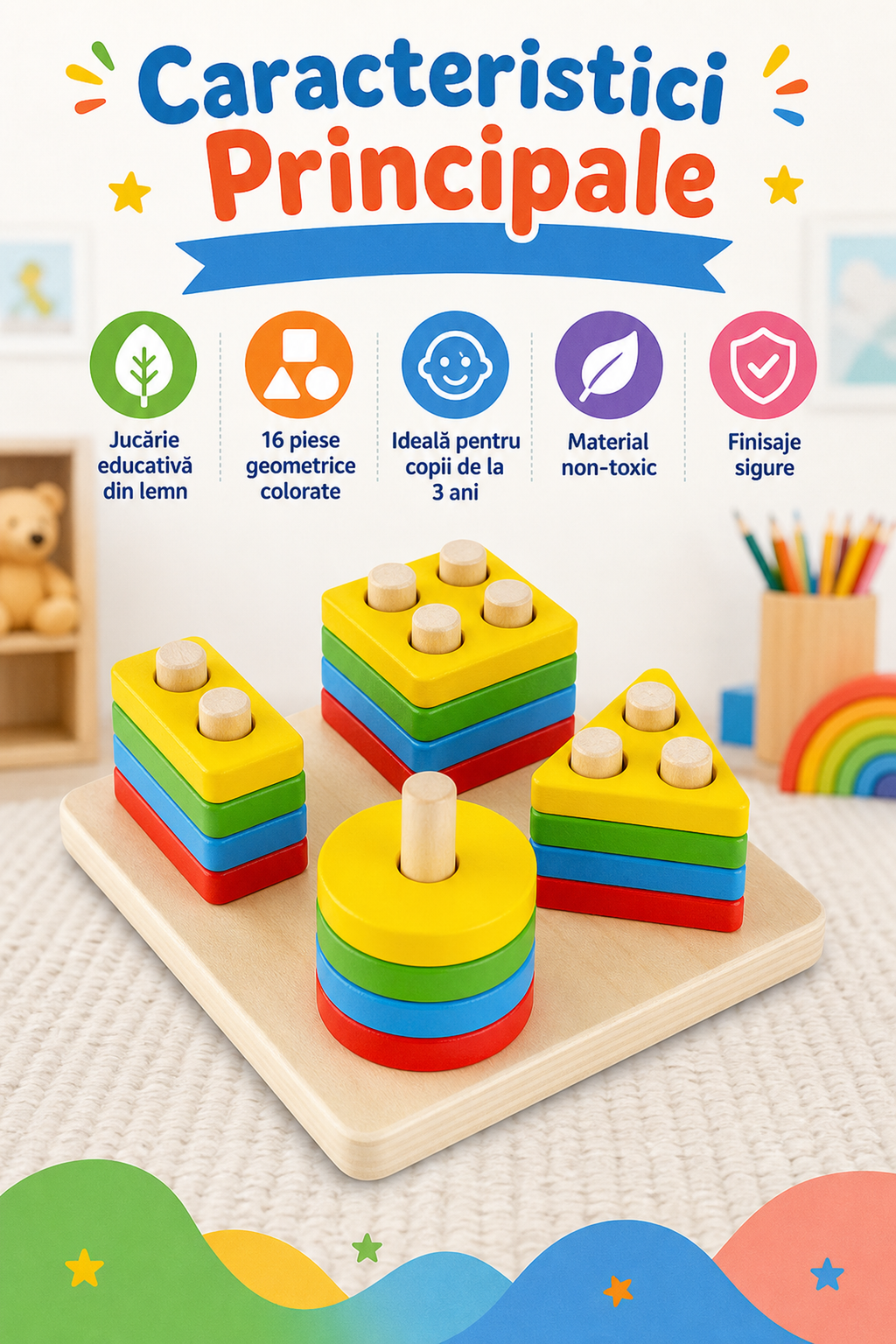 Jucărie Educațională de Sortare cu 16 Piese — Distracție și Învățare! 🌈🧩