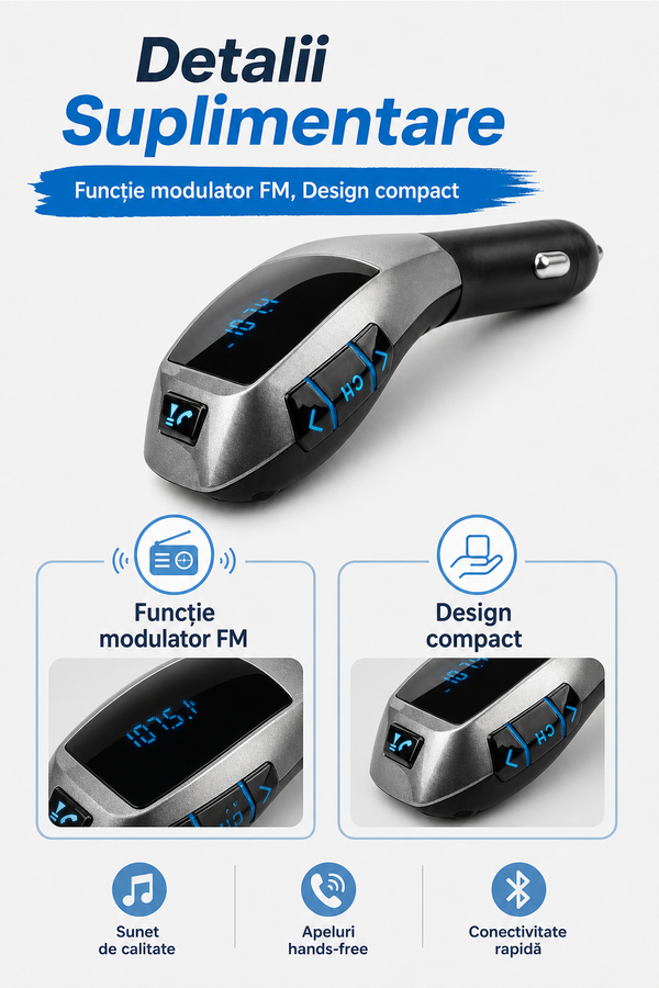 Modulator FM Bluetooth Auto cu Funcție Handsfree — Conectivitate Rapidă 🚗🎶
