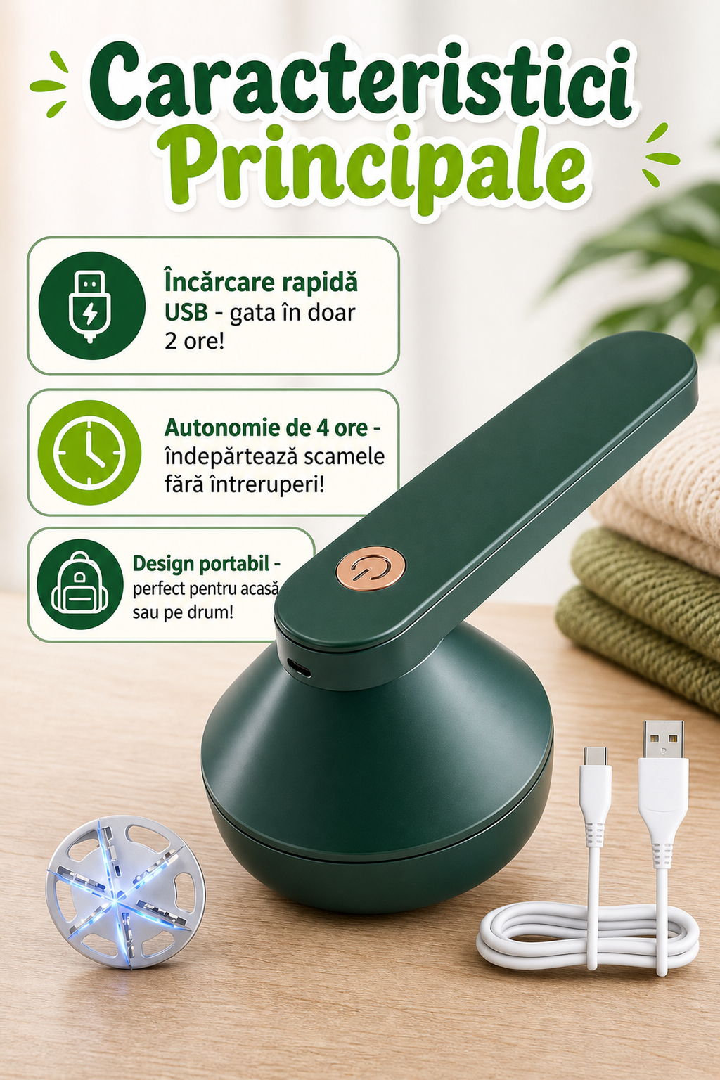 Aparat Profesional pentru Îndepărtat Scame cu Încărcare USB — Ușor de Utilizat 🌟💚