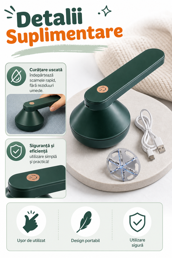 Aparat Profesional pentru Îndepărtat Scame cu Încărcare USB — Ușor de Utilizat 🌟💚