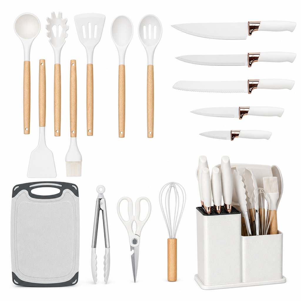 Set Ustensile de Bucătărie 19 Piese cu Silicon și Bambus — Eleganță și Funcționalitate! 🍽️✨