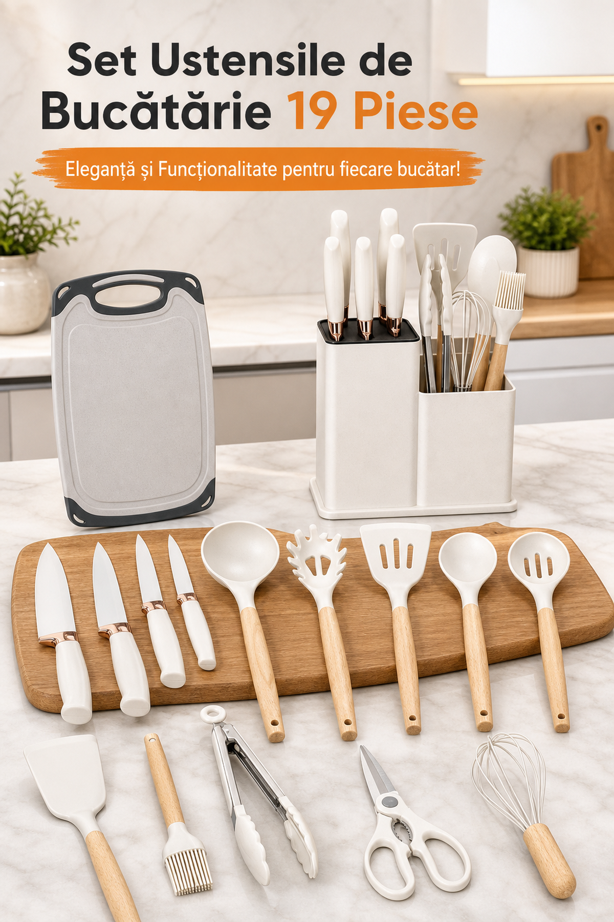 Set Ustensile de Bucătărie 19 Piese cu Silicon și Bambus — Eleganță și Funcționalitate! 🍽️✨ Imagine secundară a produsului
