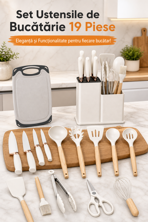 Set Ustensile de Bucătărie 19 Piese cu Silicon și Bambus — Eleganță și Funcționalitate! 🍽️✨