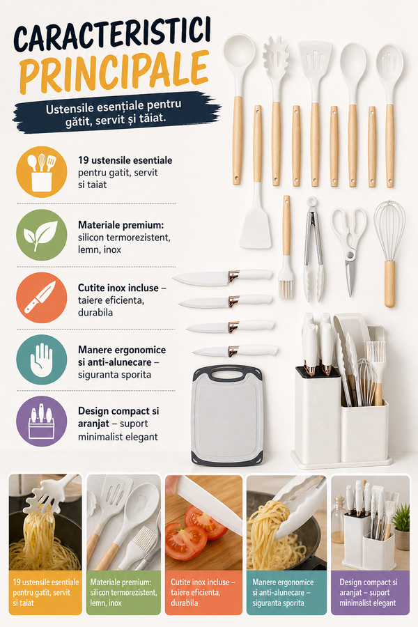 Set Ustensile de Bucătărie 19 Piese cu Silicon și Bambus — Eleganță și Funcționalitate! 🍽️✨