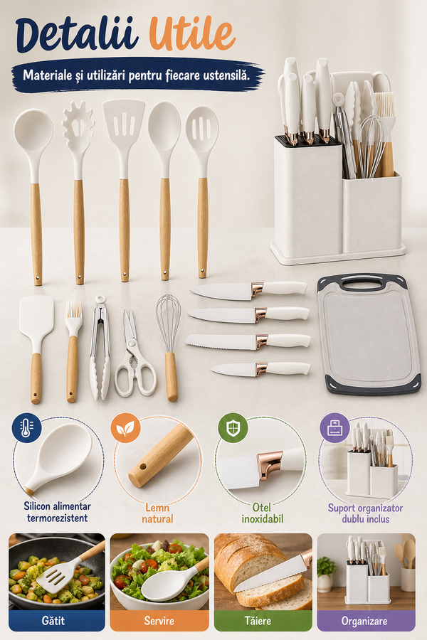 Set Ustensile de Bucătărie 19 Piese cu Silicon și Bambus — Eleganță și Funcționalitate! 🍽️✨