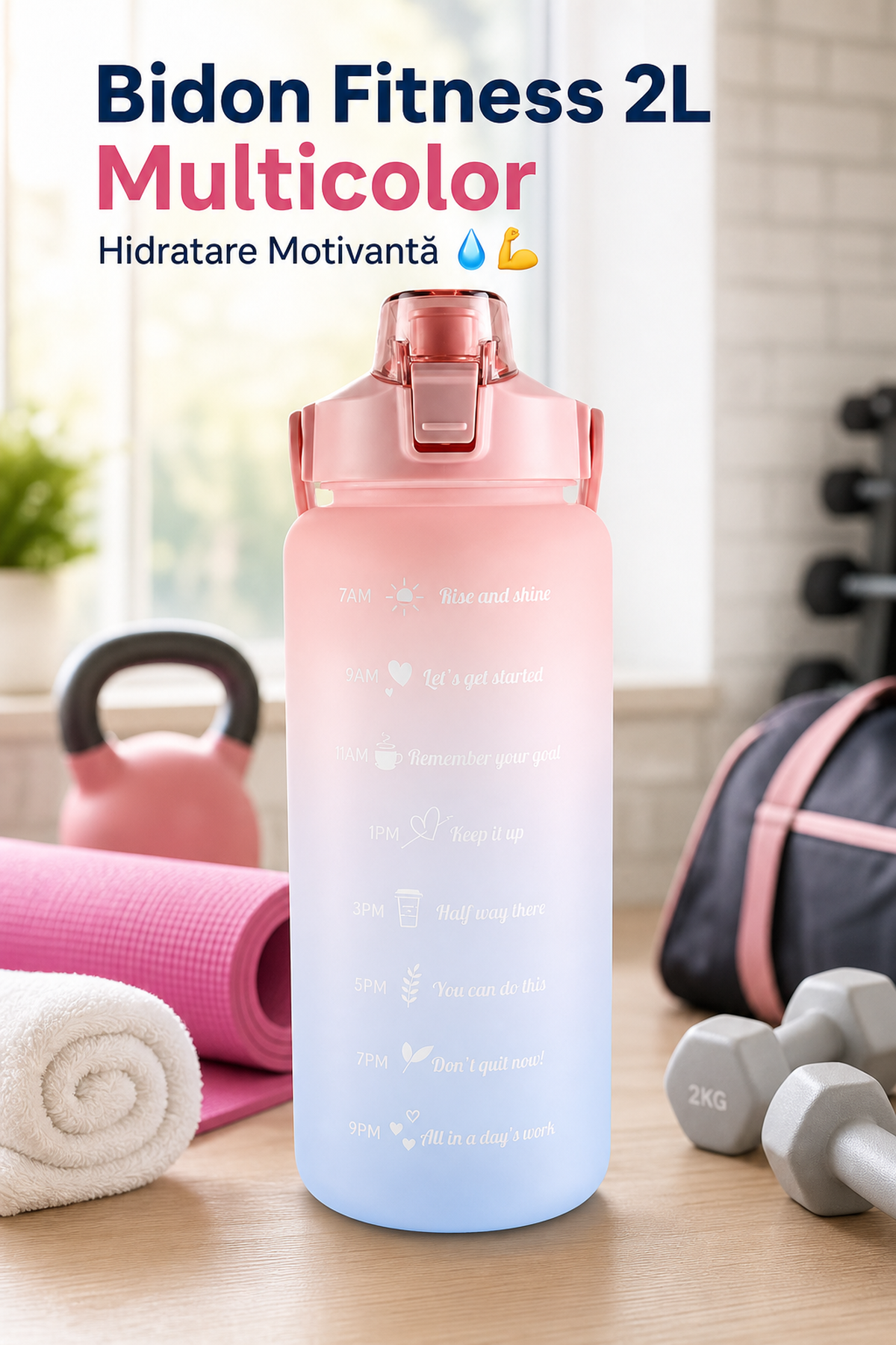 Bidon Fitness 2L Multicolor cu Duză și Mâner — Hidratare Motivantă 💧💪