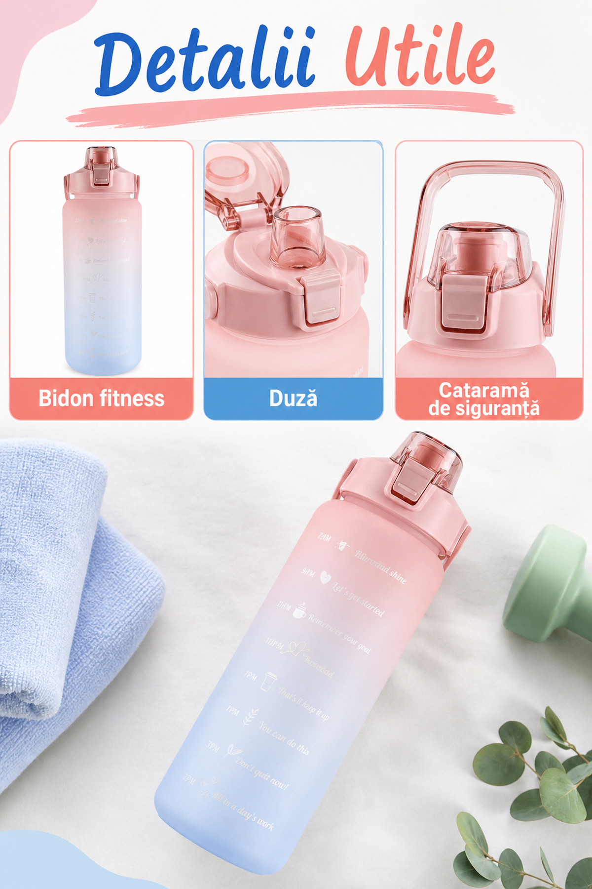 Bidon Fitness 2L Multicolor cu Duza și Maner — Hidratare Motivantă 💧💪