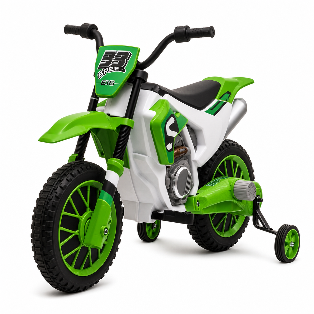 Motocicletă cu roți ajutătoare verde — Distracție și siguranță! 🚴♂️💚 Imagine principală a produsului