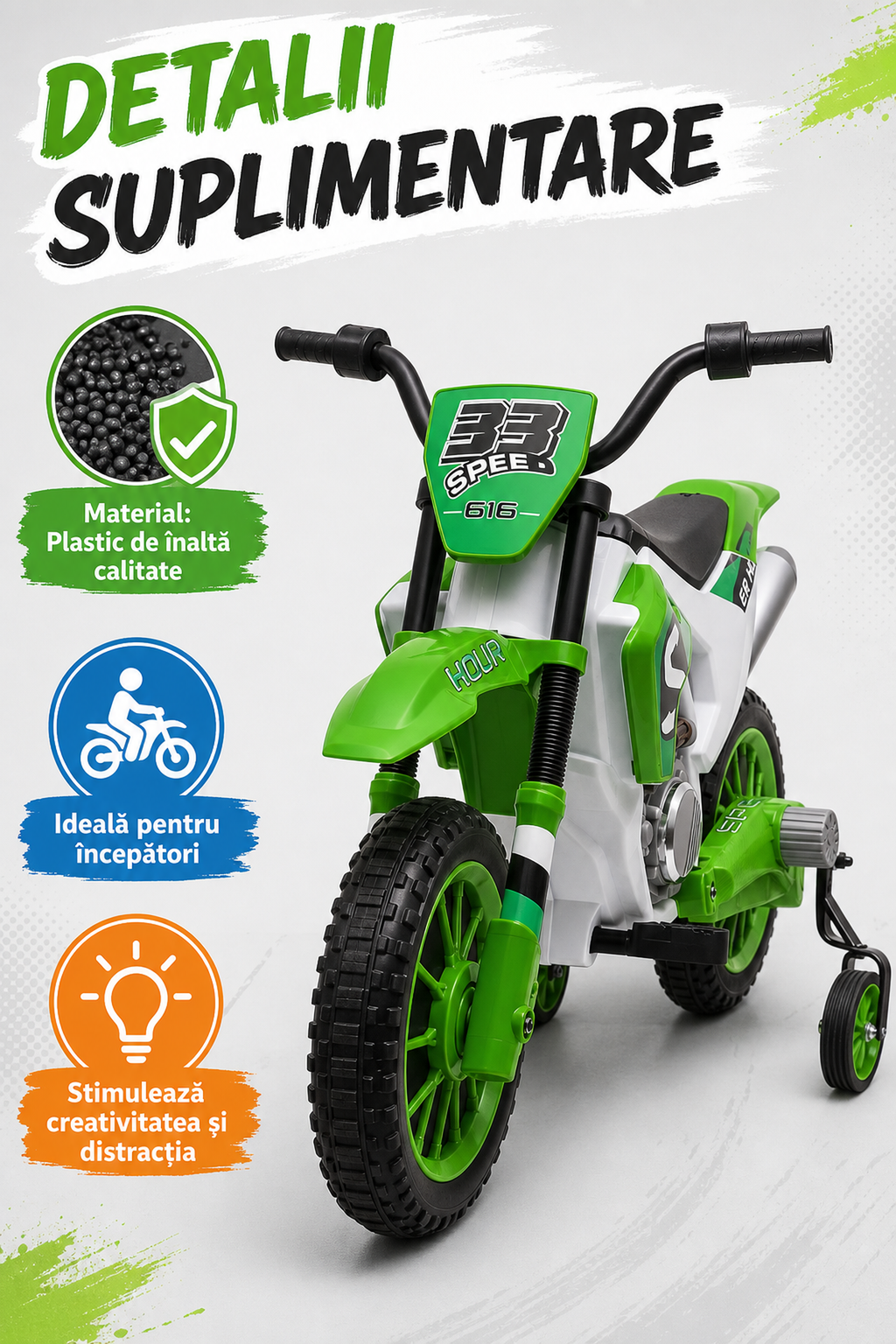 Motocicletă cu Roți Ajutătoare Verde — Distracție și Siguranță! 🚴♂️💚