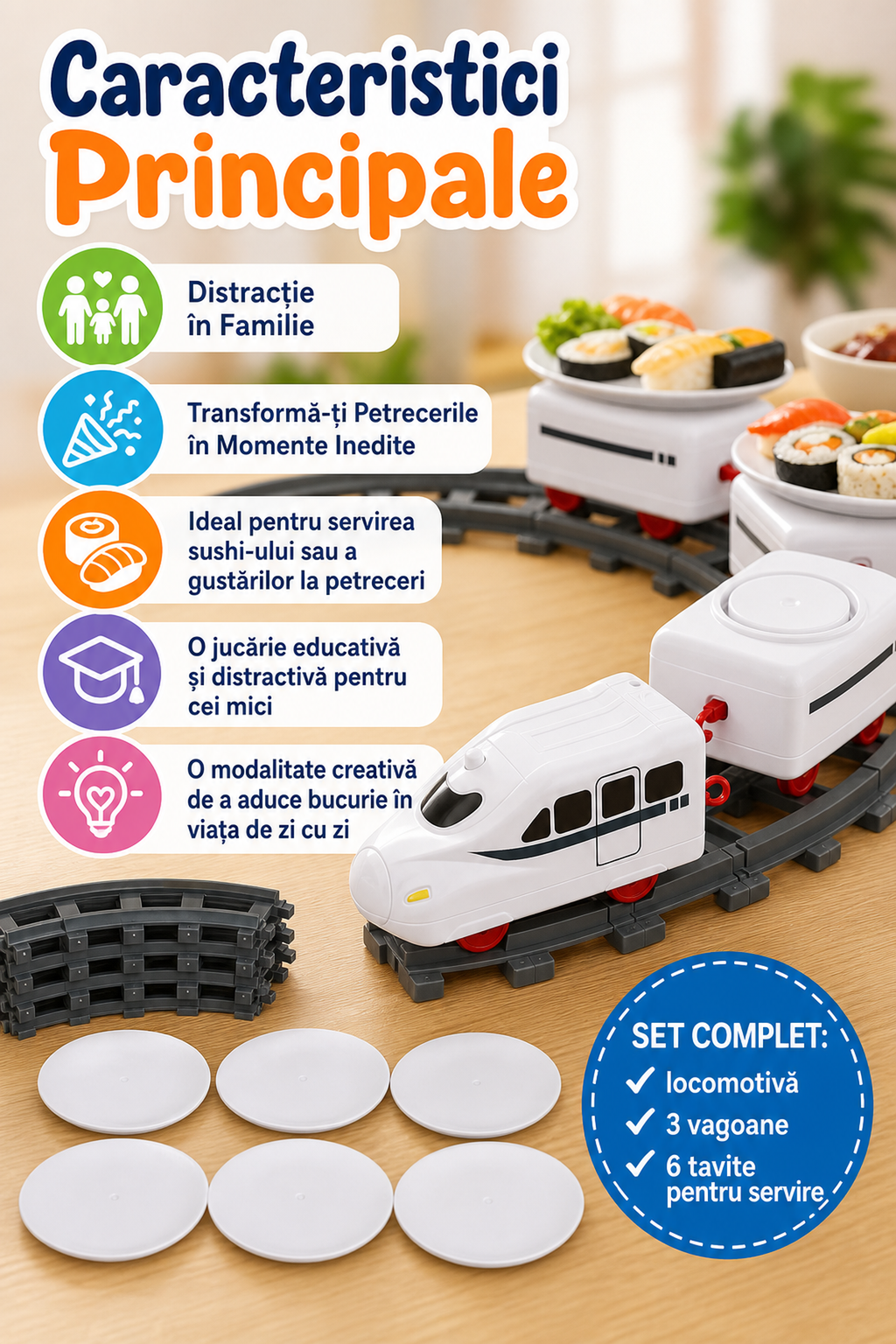 Set Trenuleț Electric cu Farfurii pentru Sushi — Distracție Garantată! 🚂🍣