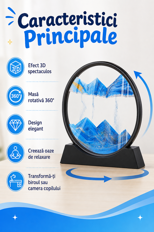 Obiect Decorativ Rotativ 3D cu Efect Nisip — Relaxare Vizuală pentru Copii 🌌✨