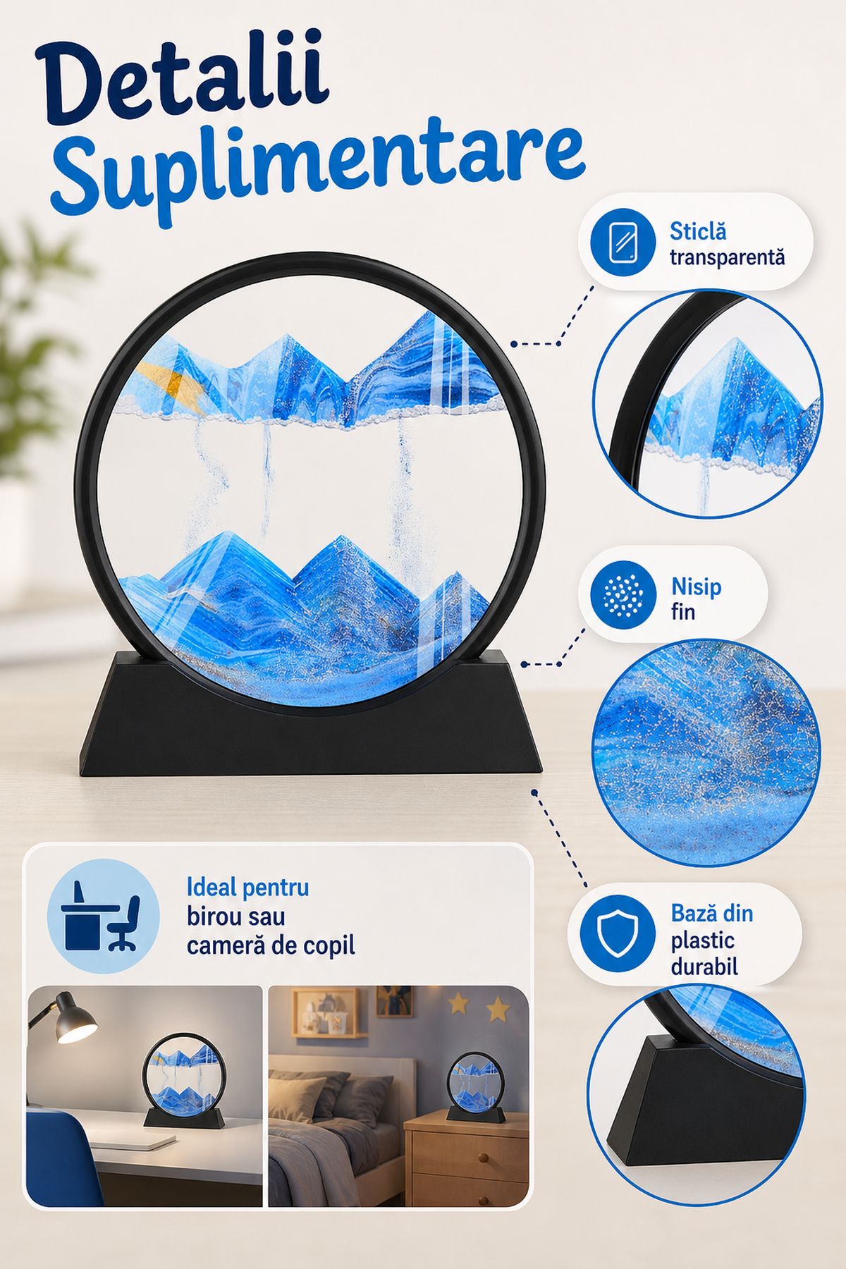 Obiect Decorativ Rotativ 3D cu Efect Nisip — Relaxare Vizuală pentru Copii 🌌✨
