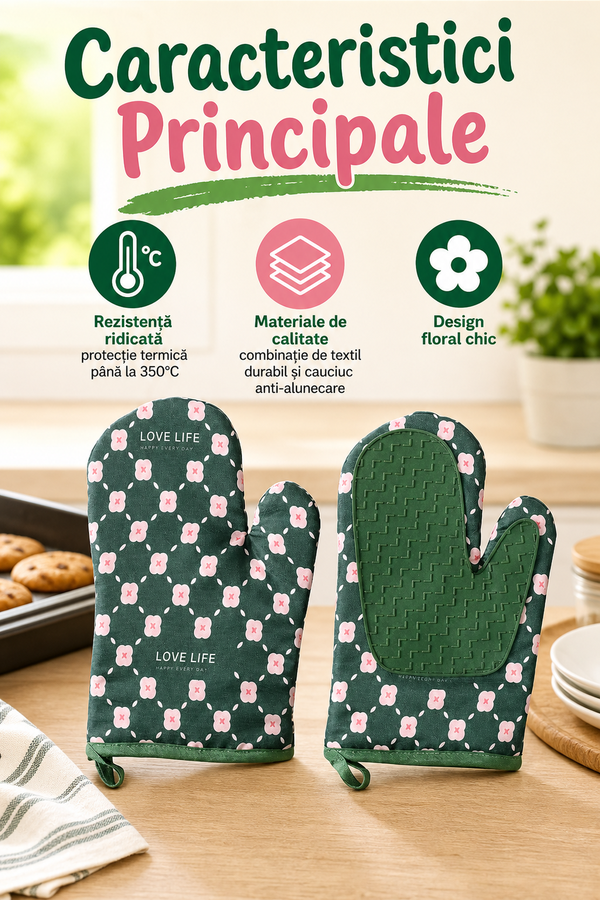 Set 2 Mănuși pentru Cuptor cu Model Floral — Rezistente până la 350°C 🌸🔥