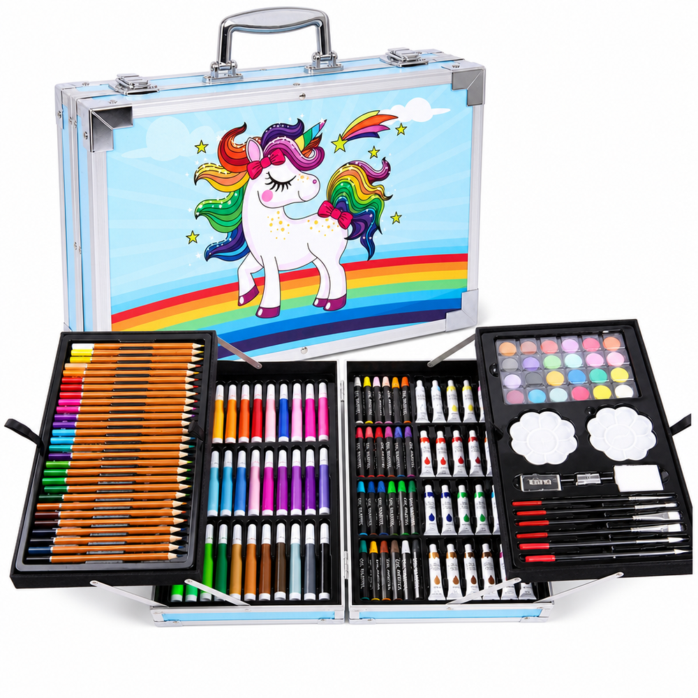 Set Pictură și Desen pentru Copii, 145 Piese în Cutie Metalică Albastră — Creativitate Fără Limite! 🎨✨