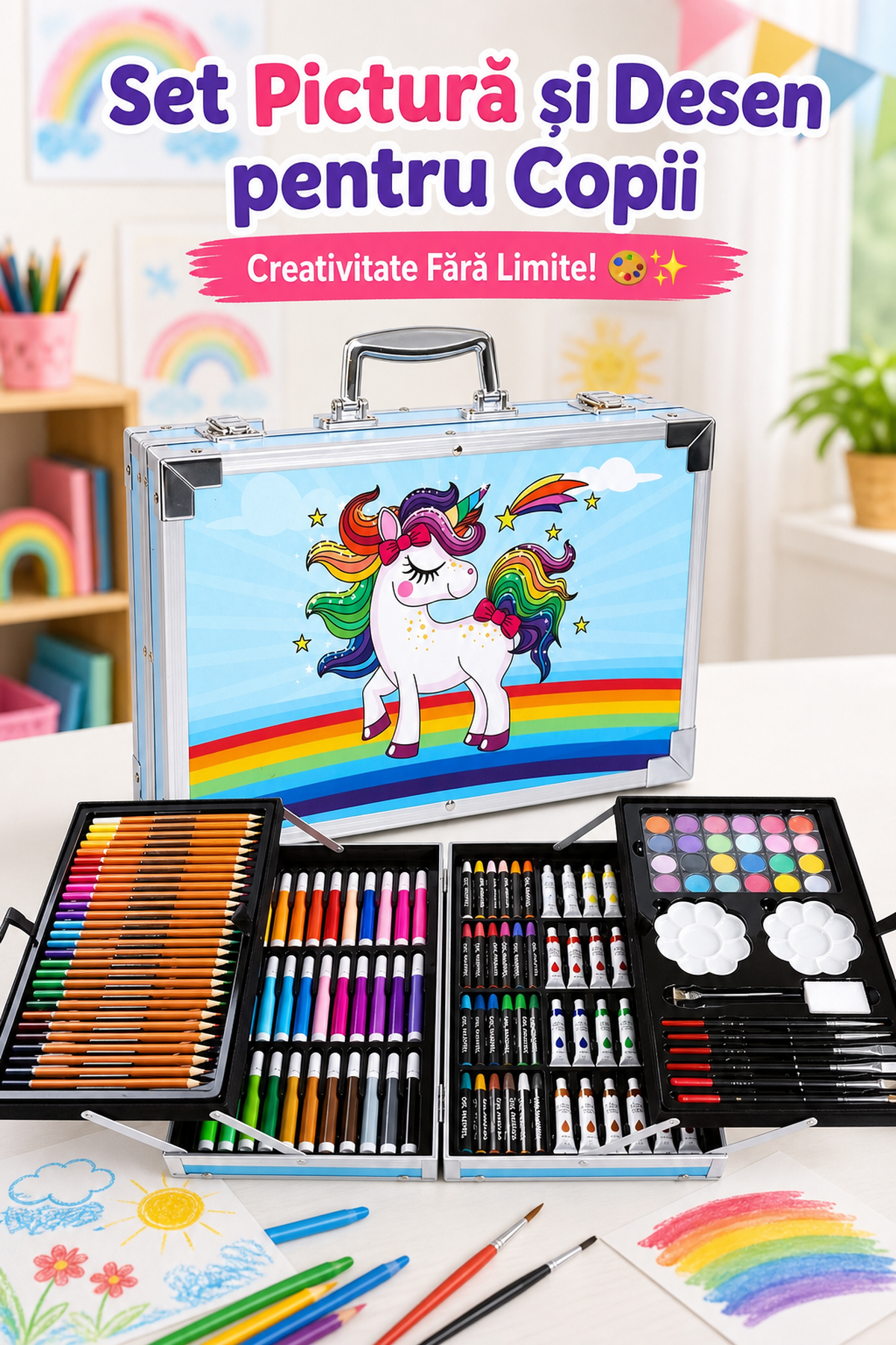 Set de Pictură și Desen pentru Copii, 145 Piese în Cutie Metalică Albastră — Creativitate Fără Limite! 🎨✨ Imagine secundară a produsului