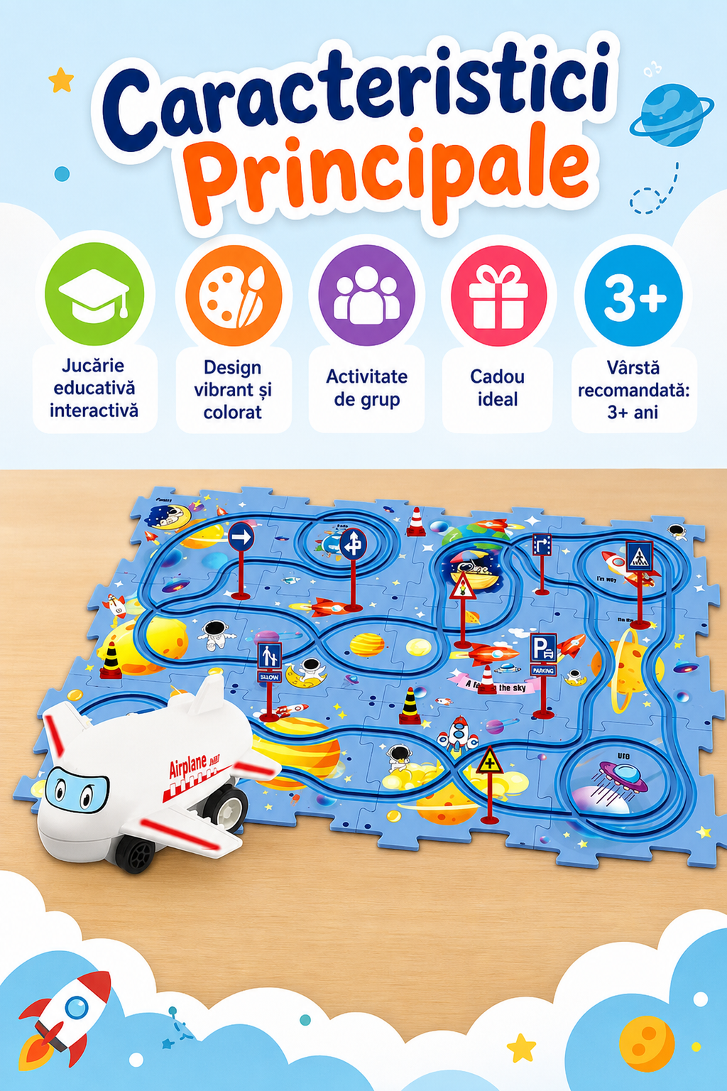 Set Puzzle Educațional Cu Pista Spațială Albastră — Distracție și Învățare! 🚀🌌