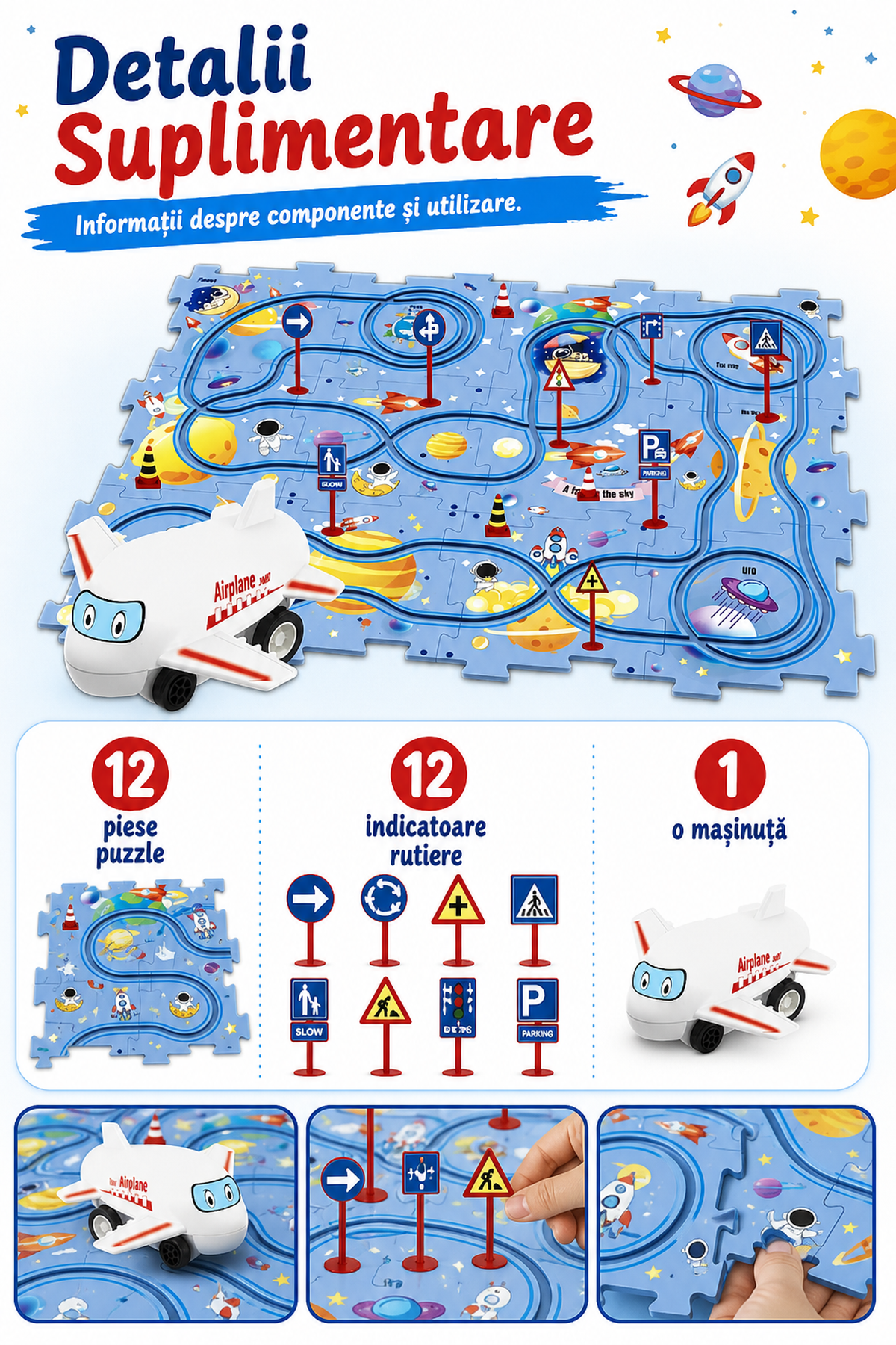 Set Puzzle Educațional Cu Pista Spațială Albastră — Distracție și Învățare! 🚀🌌