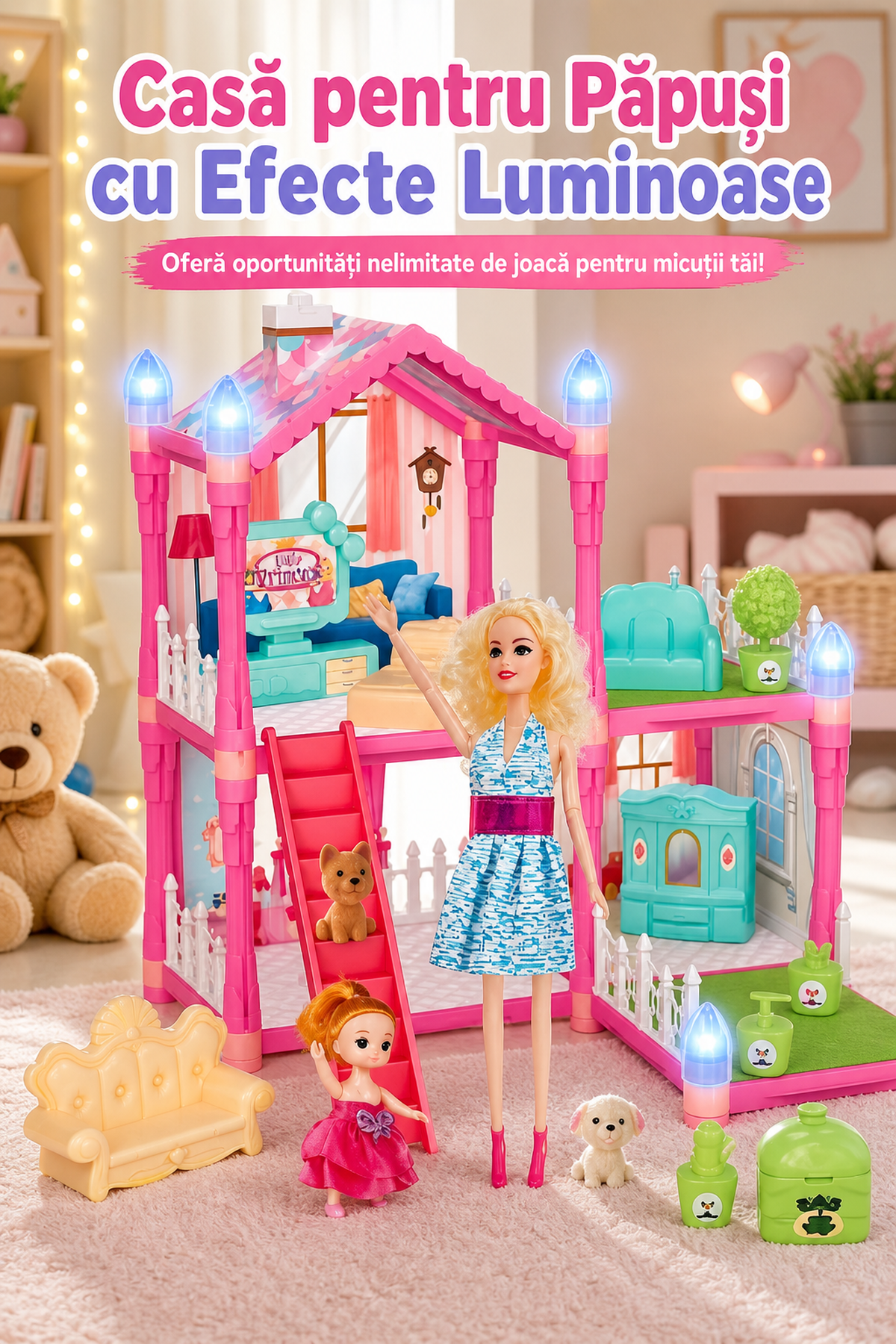 Casă pentru păpuși cu efecte luminoase — 105 piese și 2 păpuși incluse 💖🏡 Imagine secundară a produsului