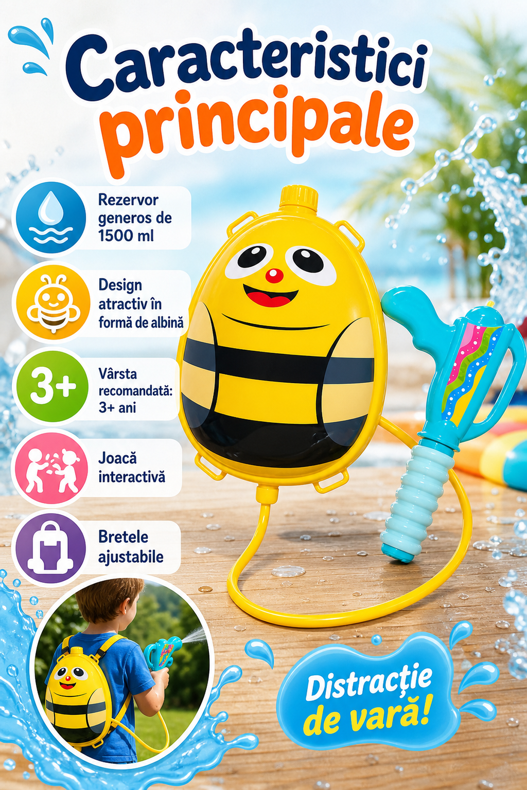 Water Gun Backpack Bee 1500 ml Fun Summer Toy for Kids