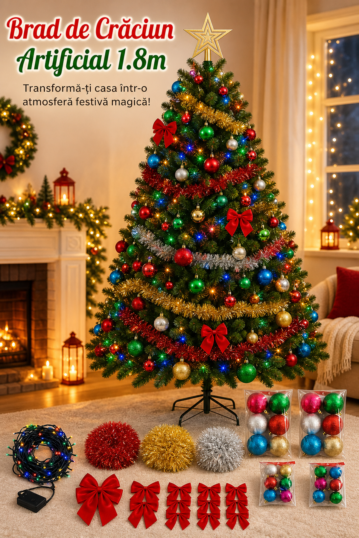 Brad de Crăciun Artificial 1.8m cu Suport Metalic — Atmosferă Festivă Magica 🎄✨ Imagine secundară a produsului