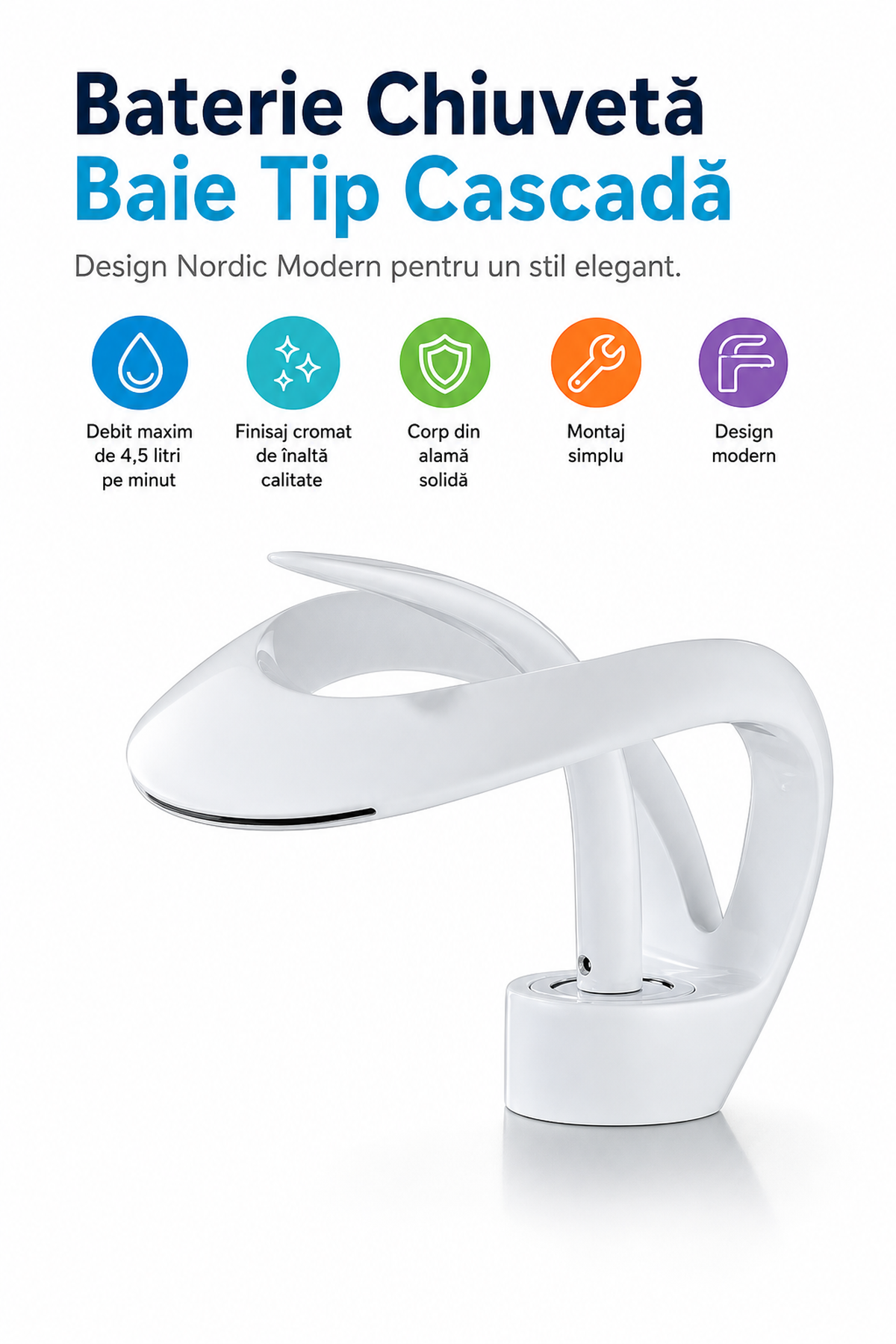 Baterie lavoar baie tip cascadă cromată 15 cm — Design nordic modern 💧✨ Imagine secundară a produsului
