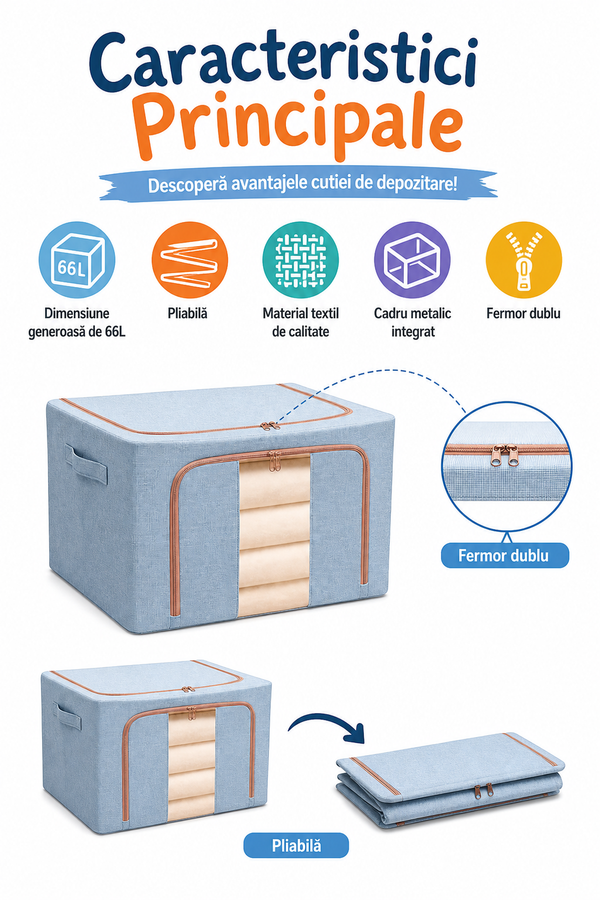 Cutie Depozitare Textil Pliabil 66L cu Fermoar și Feronă Transparentă — Spațiu Organizat! 📦✨