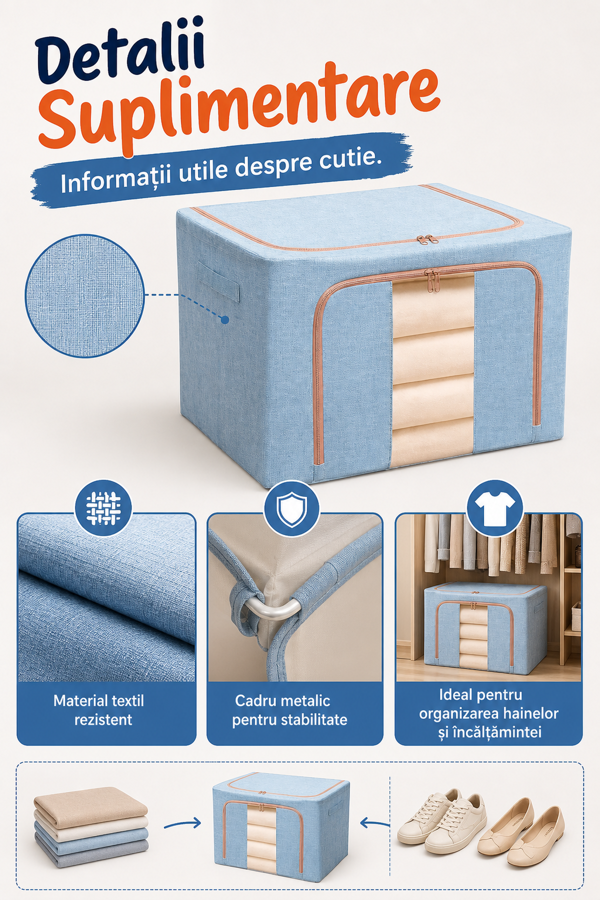 Cutie Depozitare Textil Pliabil 66L cu Fermoar și Feronă Transparentă — Spațiu Organizat! 📦✨