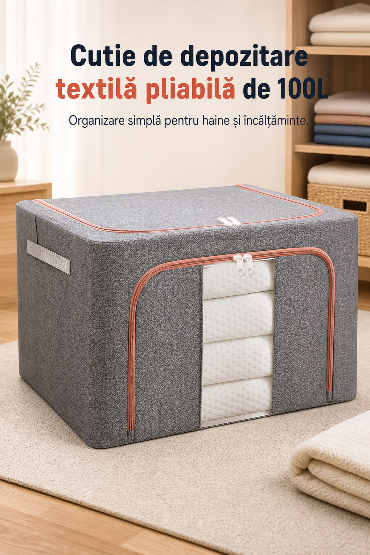 Cutie Depozitare Textilă Pliabilă 100L cu Capac și Fermoar — Organizare Simplă ✨📦 Imagine secundară a produsului