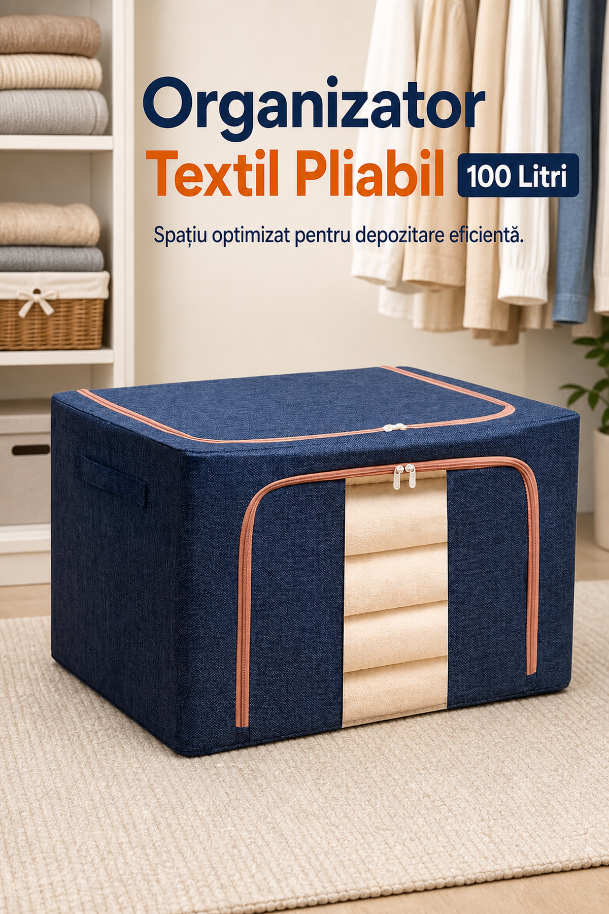 Organizator Textil Pliabil de 100 Litri cu Capac Ușor de Utilizat — Spațiu Optimizat 🧺✨ Imagine secundară a produsului