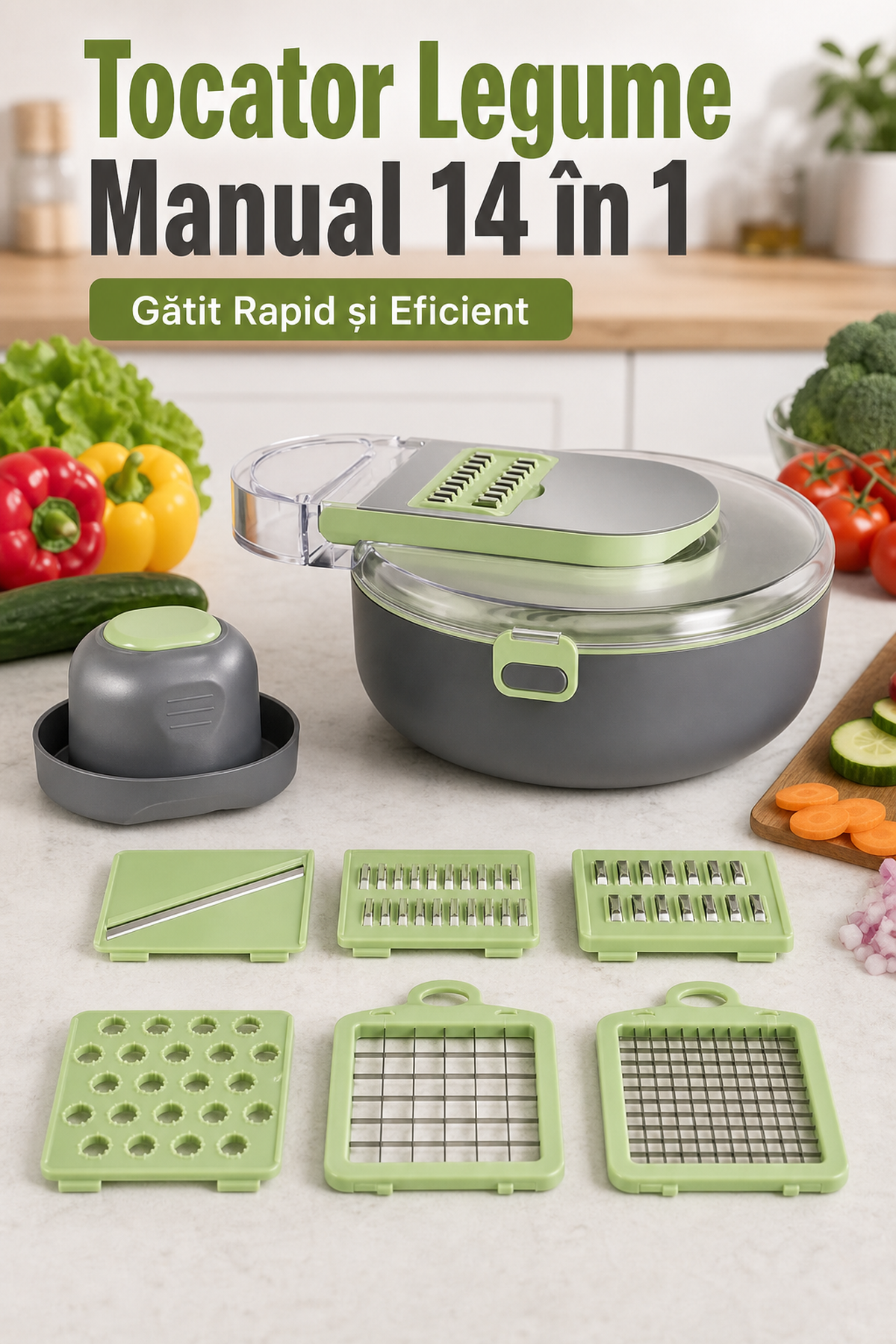 Tocător de legume manual 14 în 1 cu lame din oțel inoxidabil — gătit rapid și eficient 🥗🔪 Imagine secundară a produsului