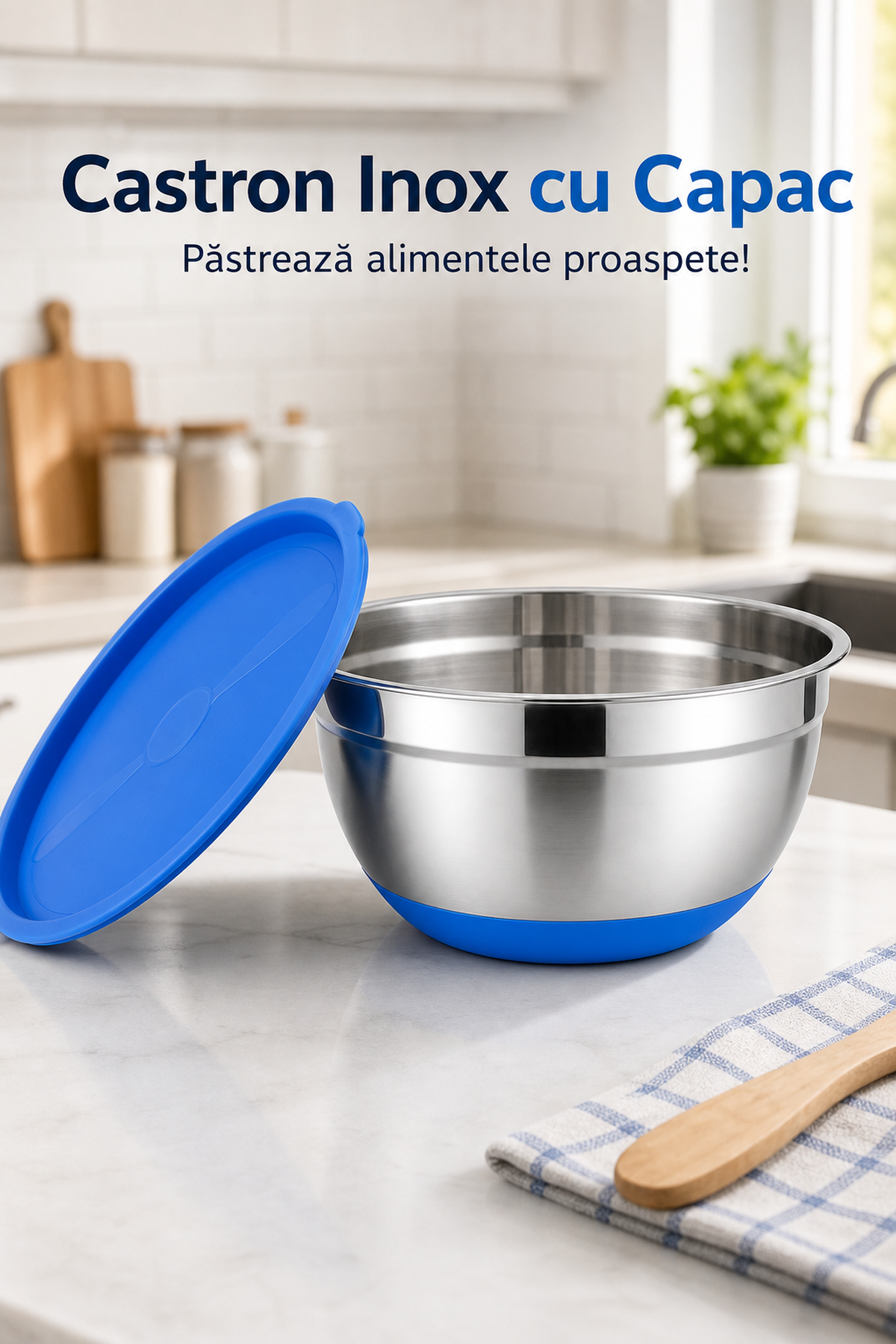 Bol din inox cu capac și bază antiderapantă 22 cm — Păstrează alimentele proaspete! 🍴💙 Imagine secundară a produsului
