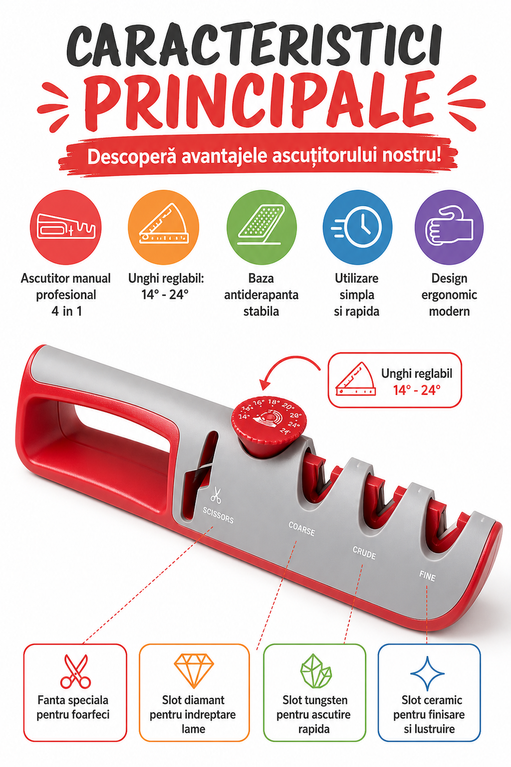 Ascuțitor Profesional 4 în 1 Reglabil — Înnoiește-ți Ustensilele! 🔪✨