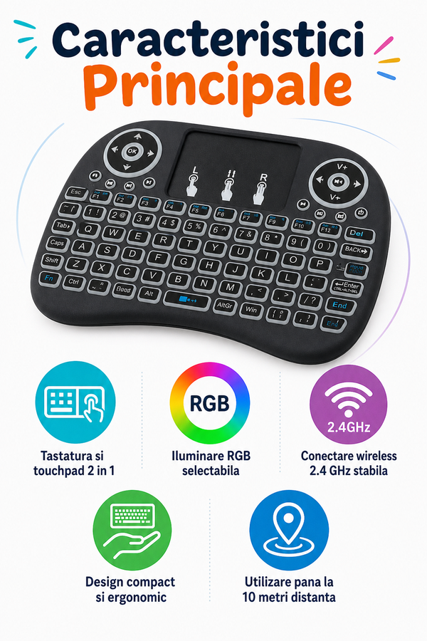 Tastatură Wireless RGB cu Touchpad — Control Simplu pentru Smart TV 📺✨