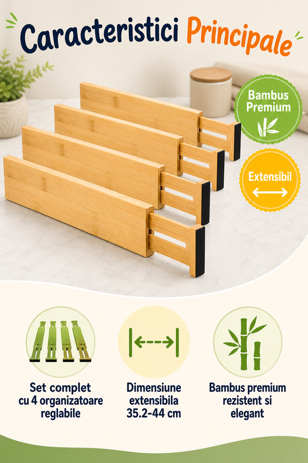 Set 4 Organizatoare Sertar Reglabile din Bambus Premium — Spațiu Maximizat! 🌟🗄️