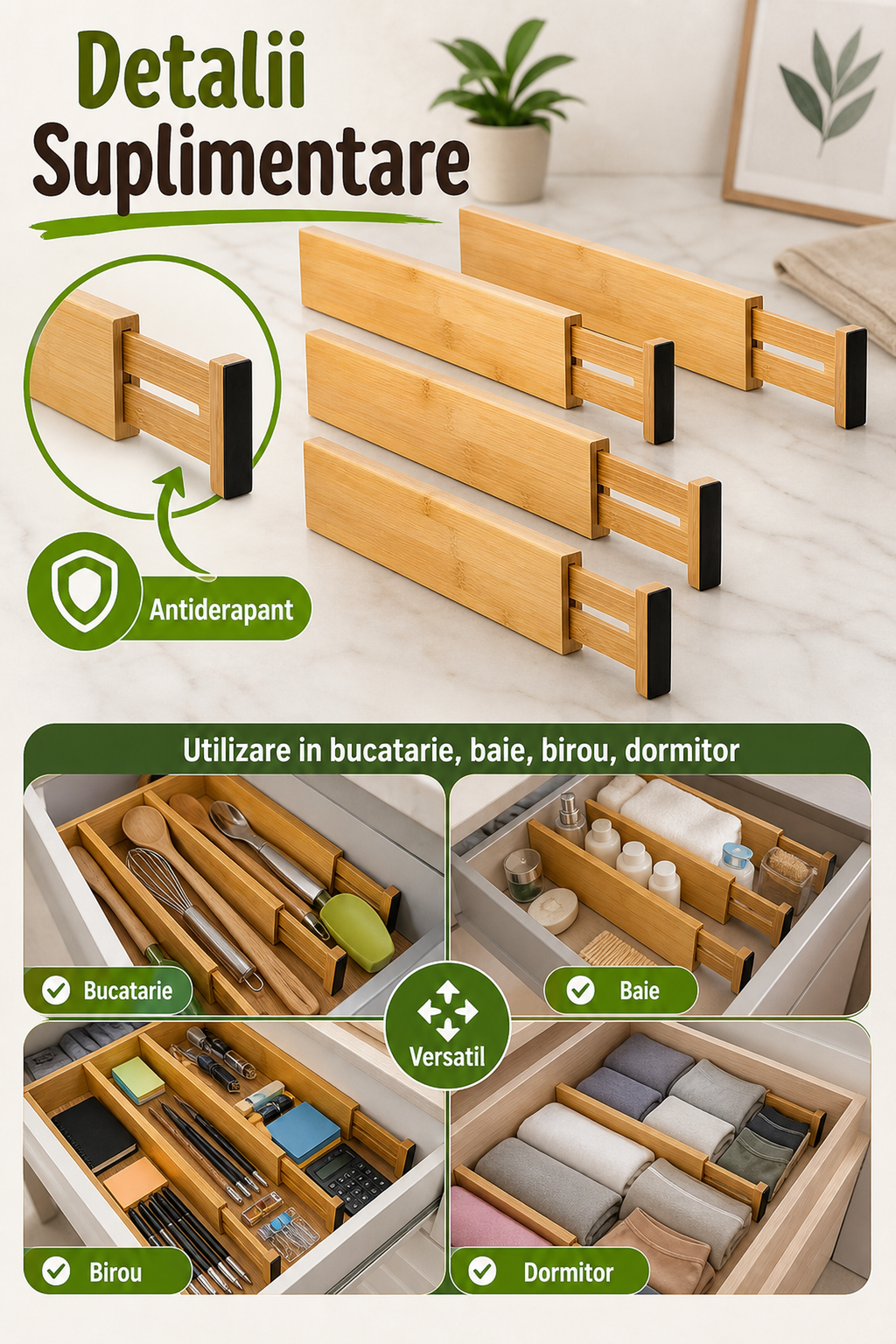 Set 4 Organizatoare Sertar Reglabile din Bambus Premium — Spațiu Maximizat! 🌟🗄️