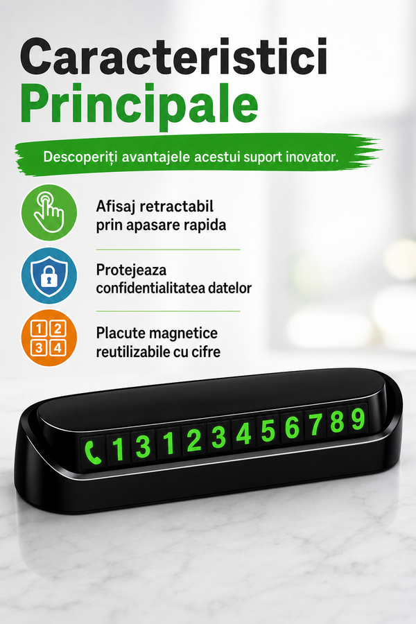 Suport Numar Telefon Auto cu Afisaj Retractabil — Practic și Elegant 📱✨