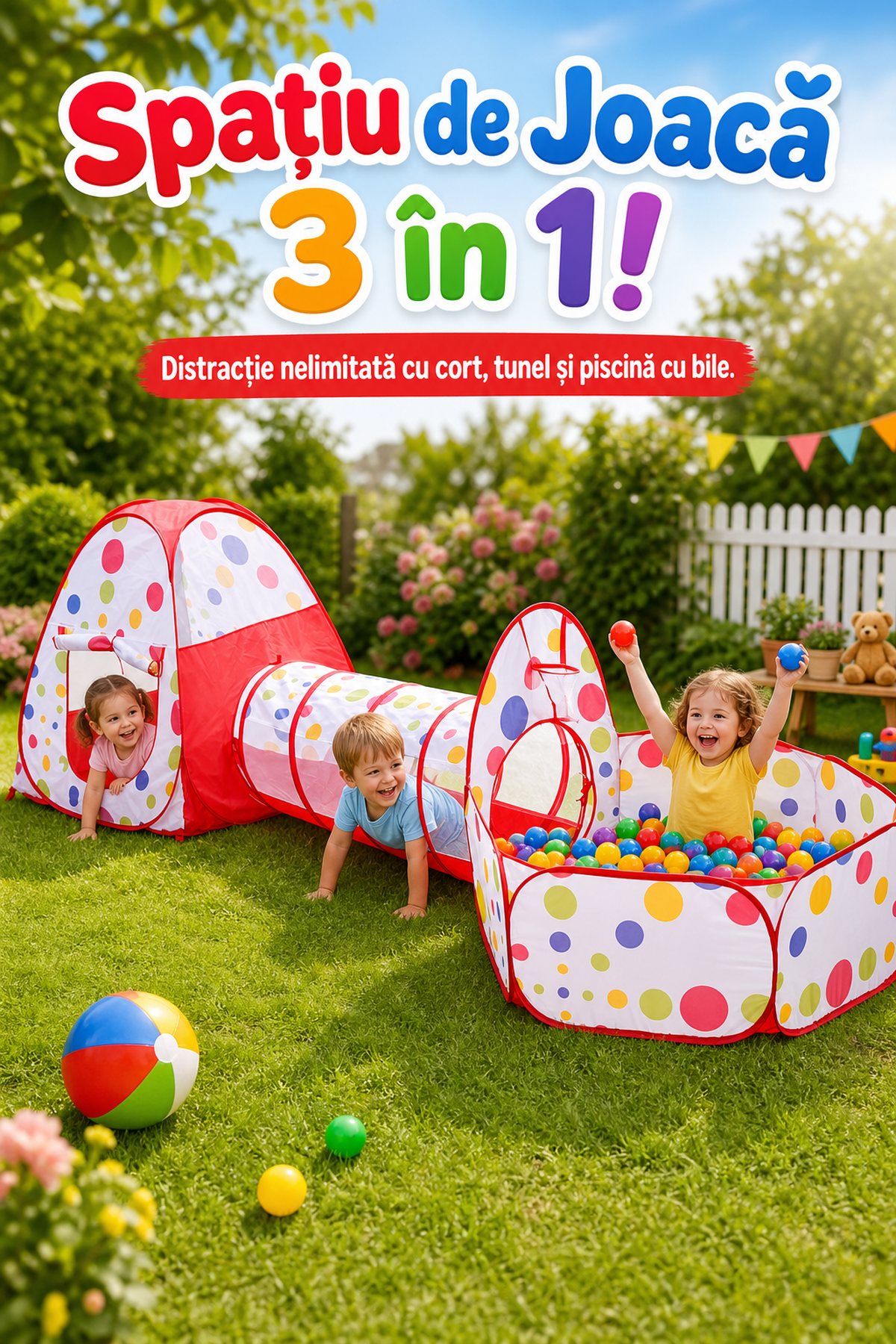 Spațiu de Joacă 3 în 1 Cort Pop-Up cu Tunel și Piscină cu Bile — Distracție nelimitată! 🎉🏰 Imagine secundară a produsului